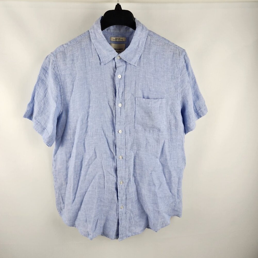 Thom Aaron Shirt Mens Large Blue 100% Linen S/S Button Up NWT
